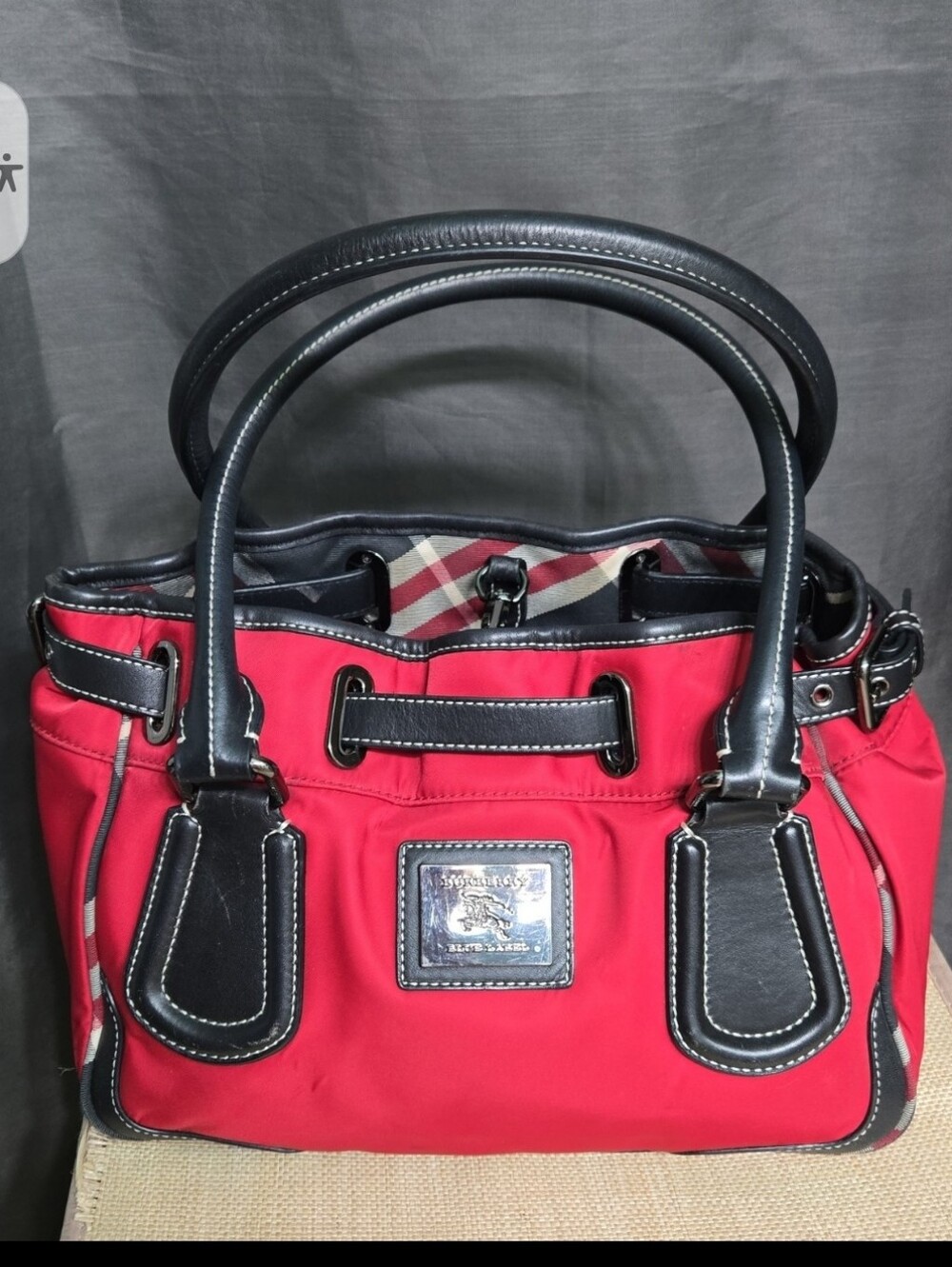 Burberry Blue Label Vintage Red Nylon Tote with Leather Trim and Plaid Accent